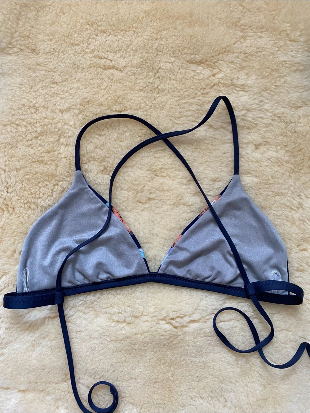 Patagonia Nanogrip Triangle Bikini Top Floral Navy with Coral Accents Tie Back